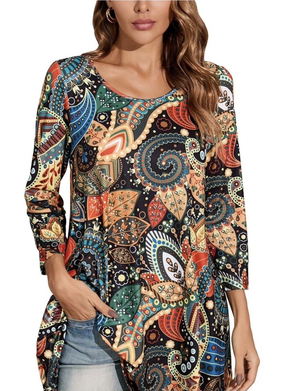 Enmain Women's Black Multicolor Paisley, Scoop Neckline Swing Top